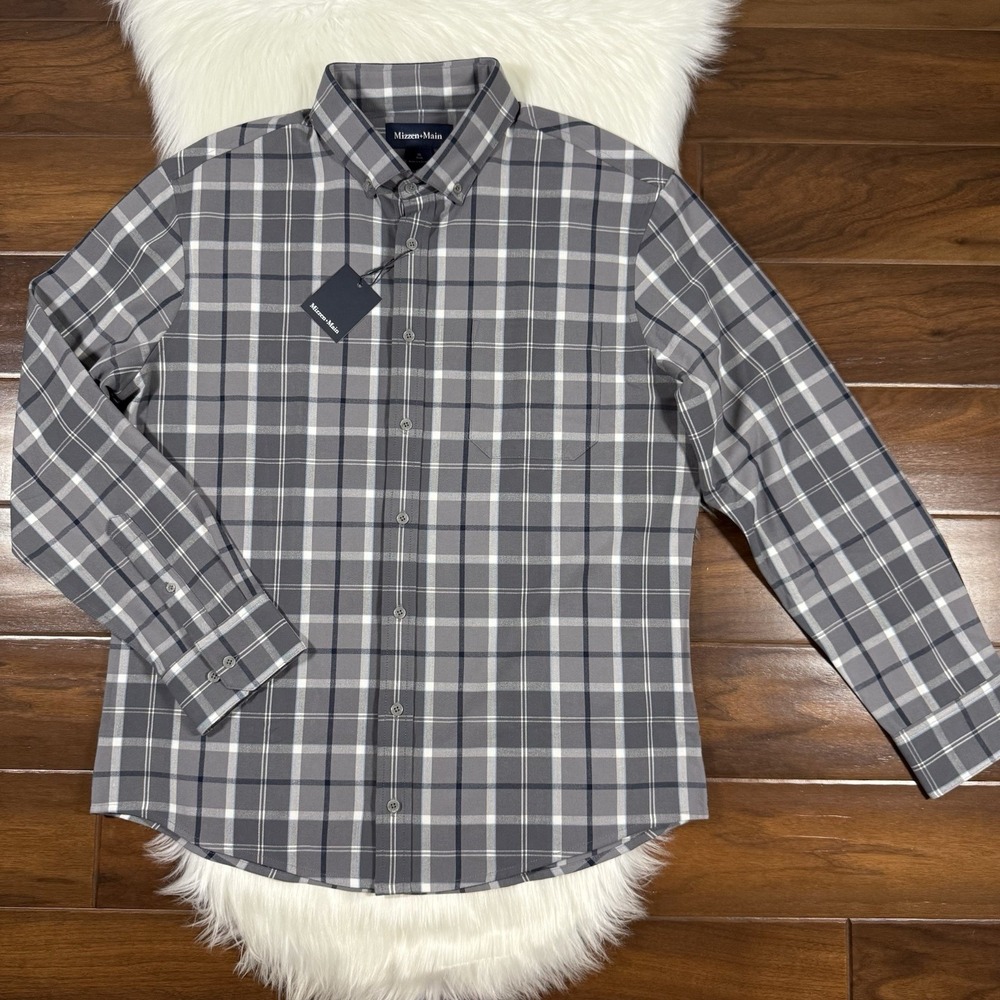 Mizzen + Main Men's Size XL Pewter Timothy Plaid Button City Flannel Shirt Trim